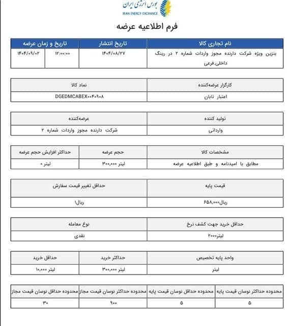 قیمت پایه بنزین سوپر وارداتی در بورس انرژی تعیین شد